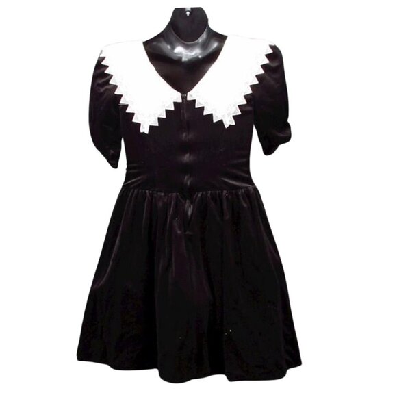 Eber Black Velvet Ivory Lace Collar Short Sleeve Mini Dress Women Size 7 Vintage - Picture 3 of 10